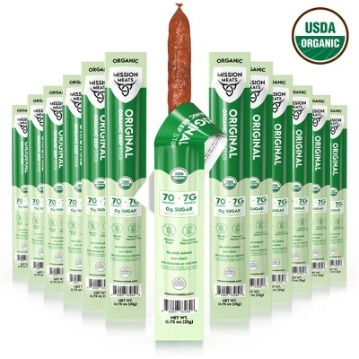 Mission Meats USDA Certified Organic Beef Sticks – Organic & Grass Fed Beef, Zero Sugar, Gluten Free, Non-GMO, Original 0.75oz
