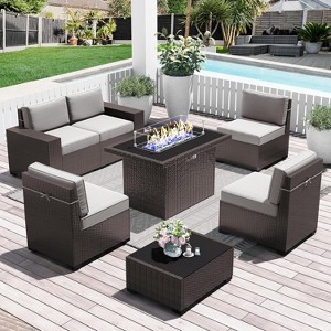 LayinSun 7 Pieces Outdoor Patio Furniture Set with 44" Fire Pit Table Brown Rattan Sectional Sofa Conversation Sets - 1 of 4