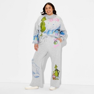 Women's Grinch Wide Leg Graphic Pants - Heather Gray - 1 of 3
