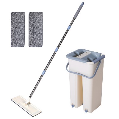 iMountek"Self-Cleaning Flat Floor Mop Bucket Set with 2 Reusable Microfiber Pads for Wet & Dry Use"Beige