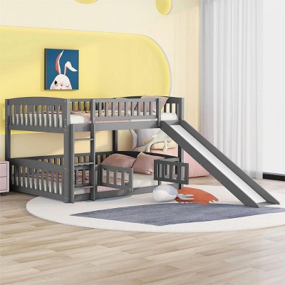 Streamdale Bunk Bed With Slide, Full Over Full Low Bunk Bed With Fence And Ladder For Toddler Kids Teens, Gray