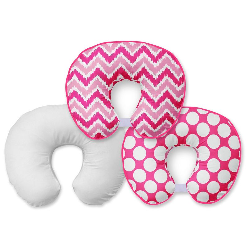 Bacati - 3 pc Chevron/Dots Pink Fuchsia Hugster Feeding & Infant Support Nursing Pillow with 2 removable zippered covers, 1 of 7