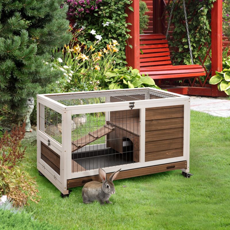 PawHut Wooden Rabbit Hutch Indoor Elevated Cage Habitat with No Leak Tray Enclosed Run with Wheels, Ideal for Rabbits and Guinea Pigs, 2 of 7