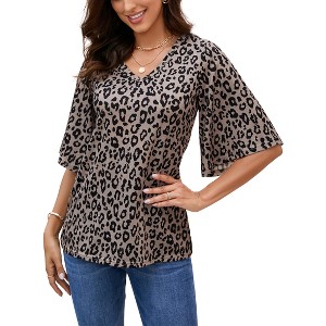 Women's 3/4 Bell Sleeve Shirt Loose Fit V Neck Blouse Cute Tops - 1 of 4