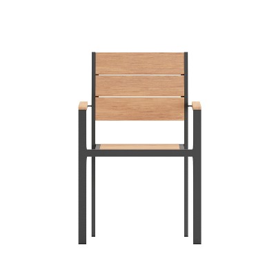 Gray Metal Patio Dining Chair with Natural Faux Teak Slats