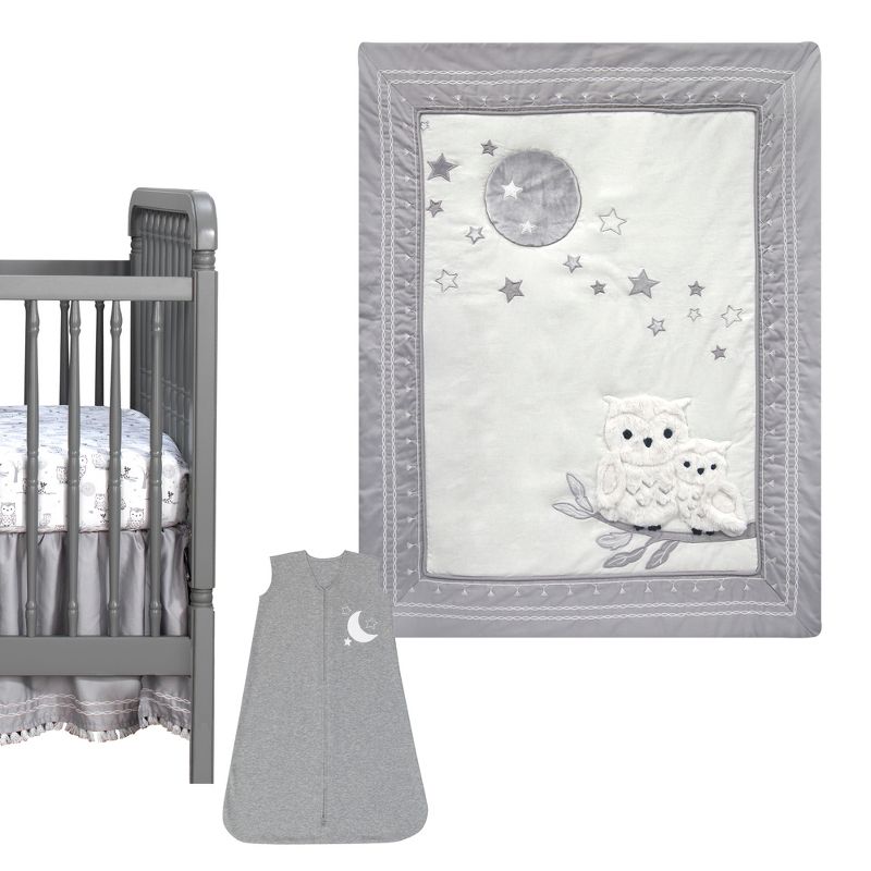 Lambs & Ivy Luna White/Gray Celestial Owl 4-Piece Nursery Baby Crib Bedding Set, 1 of 10