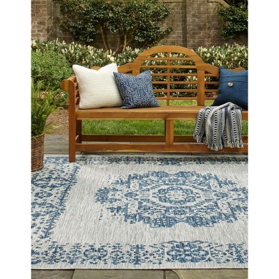 Blue and Gray Square Synthetic Outdoor Area Rug