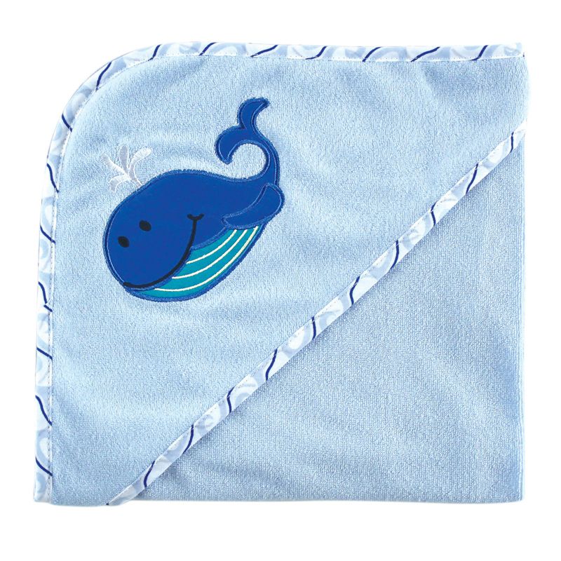 Luvable Friends Baby Boy Hooded Towel and Washcloth, Blue Whale, One Size, 1 of 3