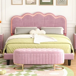 NicBex Twin/Full Wood Platform Bed Frame with Elegant Shell-Shaped Headboard,Velvet Upholstered Bed Frame with LED Lights,Easy Assembly,Pink - 1 of 4