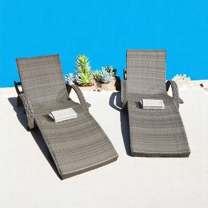 Set of 2 Outdoor Chaise Lounge Chairs with Adjustable Backrest, Pull-Out Side Table, UV-Tested Wicker, and Heavy Duty Construction - 1 of 4