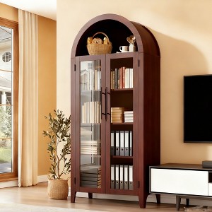 TackView Farmhouse 5 Tier Bookcase Display Shelf, with Adjustable Shelf and Glass Doors, Arched Kitchen Pantry Cabinet - 1 of 4