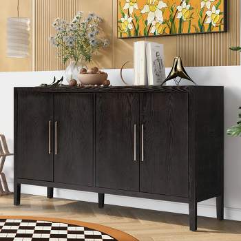 60" Retro Wooden Sideboard with 4 Metal Handles, Storage Cabinet with 4 Shelves and 4 Doors, Walnut - ModernLuxe