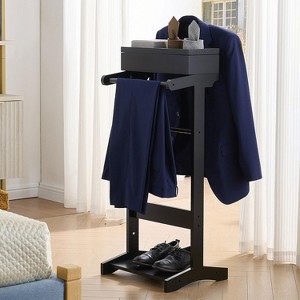 Kings Brand Furniture Freestanding Wooden Suit Valet Rack Stand, Clothes Storage Organizer, Coat Hanger with Shoe Shelf - 1 of 4