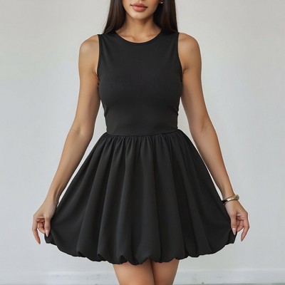 Knit & Lounge Women’s Sleeveless Fit and Flare Mini Dress Bubble Hem Round Neck Solid Color