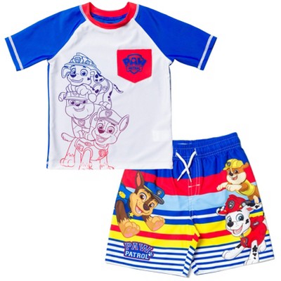 Paw Patrol Rubble Marshall Chase Pullover Rash Guard and Swim Trunks Outfit Set Little Kid