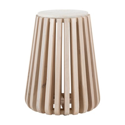 HomeRoots 23" White and Natural Distressed Marble and Wood Round Drum End Table