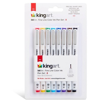 KINGART PRO Inkline Fine Line Pens, 8 Colors, Size 8