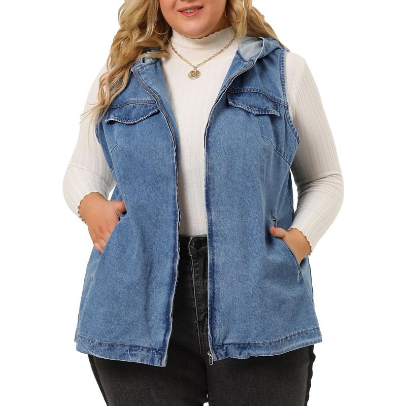 Agnes Orinda Women's Plus Size Hoodie Zipper Up Pocket Denim Oversized Sleeveless Jean Jackets, 2 of 7