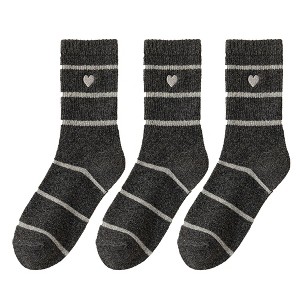 Anna-Kaci Women's 3 Pairs Knit Socks with Striped Pattern Heart Embroidery Ribbed Cuffs Soft Warm Fabric - 1 of 4