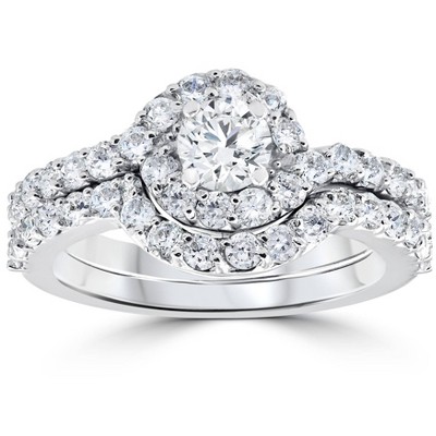 Pompeii3 1 1/2ct Diamond Engagement Halo Curve Ring Set 10K White Gold