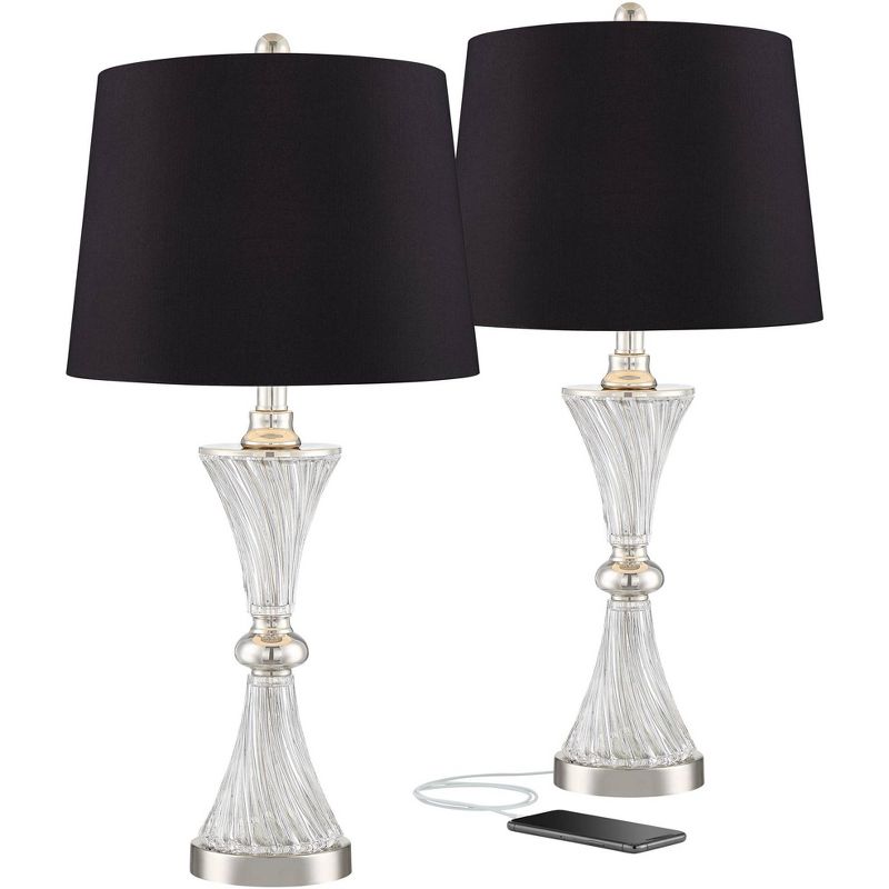 Regency Hill Luca Modern Table Lamps 25 1/2" High Set of 2 Clear Glass with USB Charging Port Black Faux Silk Shade for Bedroom Living Room Home Desk, 1 of 8