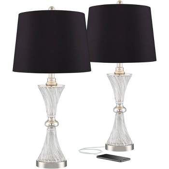 Regency Hill Luca Modern Table Lamps 25 1/2" High Set of 2 Clear Glass with USB Charging Port Black Faux Silk Shade for Bedroom Living Room Home Desk
