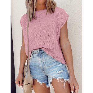 Womens Summer Cap Sleeve Tops Trendy Casual Crew Neck Knit Lightweight Sweater Pullover Top - 1 of 4