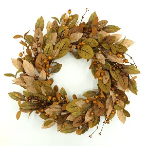 20'' Fall Wreath Autumn Wreath for Front Door with Brown Magnolia Leaves and Small Pomegranate Fruits for Home Outdoor Decoration - 1 of 4