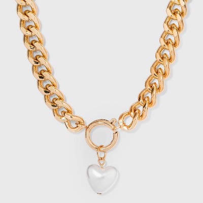 Simulated Pearl Heart Charm Chunky Chain Pendant Necklace - Wild Fable™ Gold