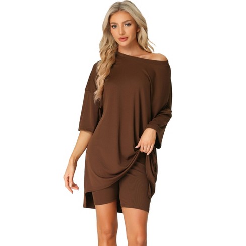Cheibear Women's 2 Pieces Lounge Sets Sleepwear Knit Loose Fit T-shirt With  Biker Shorts Sweatsuits Brown X-large : Target