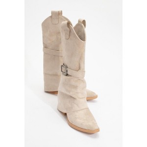 Okus - Beige Buckle Block Heel Boot (Women) beige 8 Forever & Always Shoes US - 1 of 4
