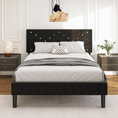 CAVINAS Twin/Full/Queen Size Upholstered Platform Bed Frame with Fabric Headboard & Wooden Slats,No Box Spring Needed