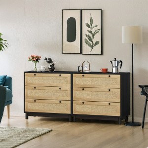 RISOKEYS 3 Drawer Dresser for Bedroom (Set of 2), Wooden Rattan Dresser Chest of Drawers, for Bedroom,Living Room,Dining Room,Hallways - 1 of 4