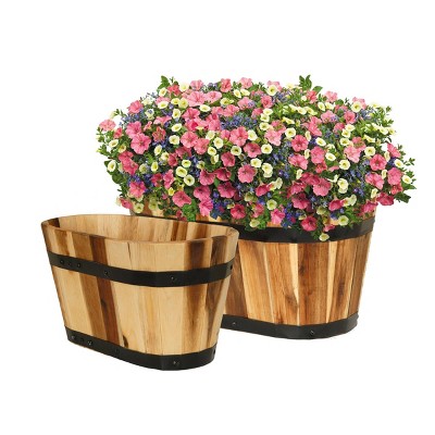 Set of 2 Acacia Wood Oval Barrel Planters with Metal Bands