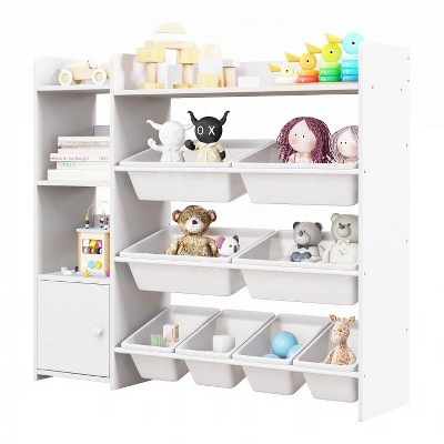 Costzon Toy Storage Organizer with Bookshelf, 4-Tier Organizer with 8 Removable Bins, 5 Cubbies, Kids Bookshelf for Room, Playroom, Nursery (White)