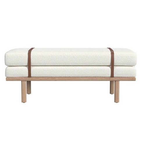 Homepop Upholstered Bench Cream Boucle natural Wood Legs Faux Leather Strap Multipurpose Use Target