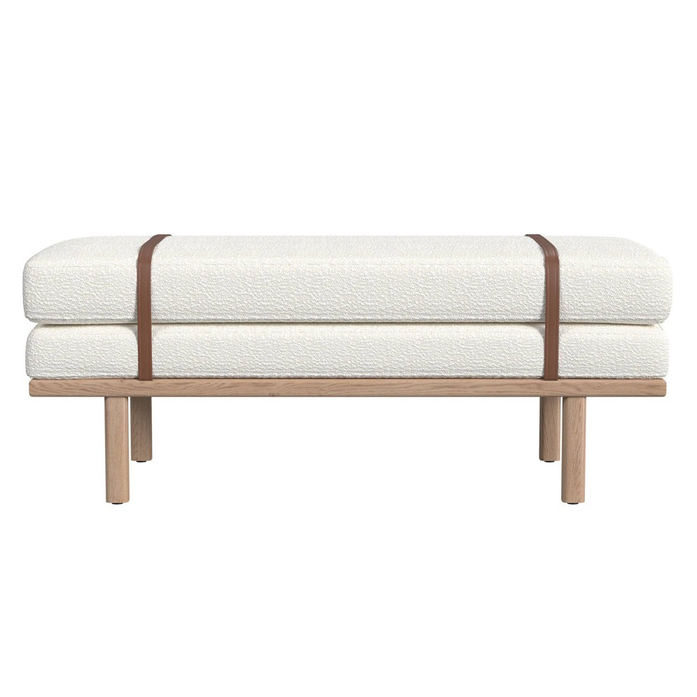 HomePop Upholstered Bench Cream Boucle/Natural: Wood Legs, Faux Leather Strap, Multipurpose Use