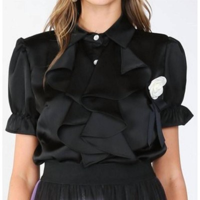Women's Desiree Ruffle & Rose Accent Satin Blouse - BEULAHSTYLE