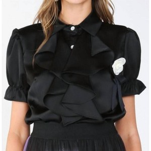 Women's Desiree Ruffle & Rose Accent Satin Blouse - BEULAHSTYLE - 1 of 4