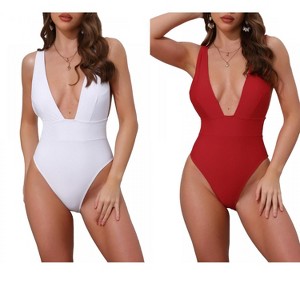 INSPIRE CHIC Women's Deep V Plunge Monokini Backless Bikini Suit 2 Sets - 1 of 4
