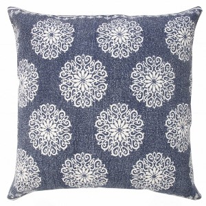 20" X 20" Dark Blue And White 100% Cotton Floral Zippered Pillow - 1 of 4
