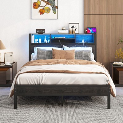 Full Size Metal Bed Frame with Storage Headboard, Charging Station, Bookcase, No Box Spring, Black, Easy Assembly
