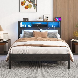 Full Size Metal Bed Frame with Storage Headboard, Charging Station, Bookcase, No Box Spring, Black, Easy Assembly - 1 of 4