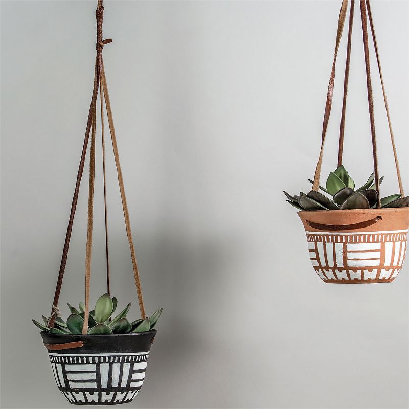 Natural Terracotta with Hand Painted Pattern and Faux Leather Straps Hanging Planter - Foreside Home & Garden, 2 of 4