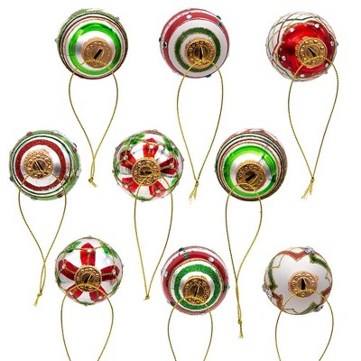 45MM Red and Green Glass Egg Ornaments with Rhinestones, 9-Piece Set