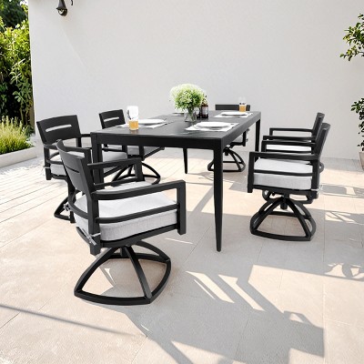 7-Piece Outdoor Dining Set, 6 Swivel Rockers and Marble-Look Sintered Stone Top Dining Table, Aluminum Chairs with Foam Cushions-Coolbibila