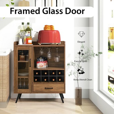 Rustic Brown Wood Bar Cabinet with Wine Rack and Glass Holder