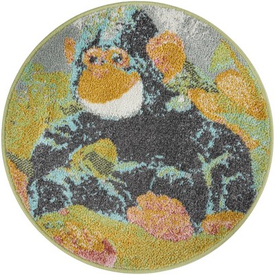 Round Multi-Color Synthetic Kids Area Rug with Gorilla Design