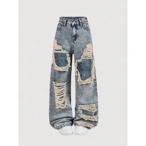 Mocamel Girls Y2K Cut Out Ripped Baggy Straight Leg Denim Jeans - 1 of 4