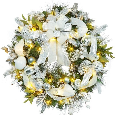 Christmas Wreath with 30 LED Lights Silver White Ornaments Pre-Lit Holiday Door Decoration